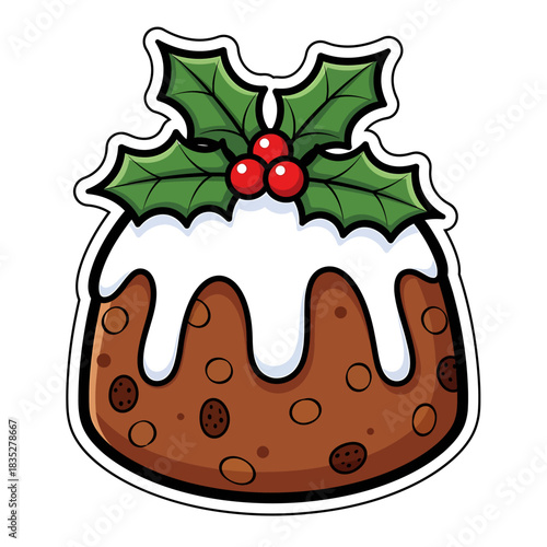 A festive cartoon illustration of a Christmas pudding with white icing and a holly sprig on top.