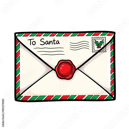 A hand-drawn illustration of a sealed envelope addressed to Santa Claus.