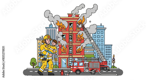 Brave firefighter rescuing child from burning building cartoon illustration scene amid city