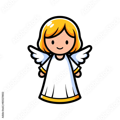 A cute cartoon illustration of an angel with blonde hair, white wings, and a white robe.