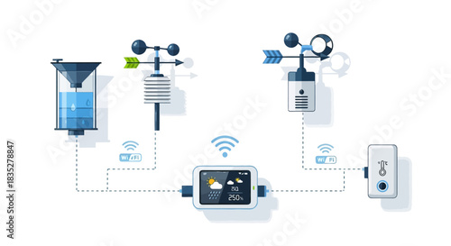 Smart weather station system with wireless technology showing a weather forecast display