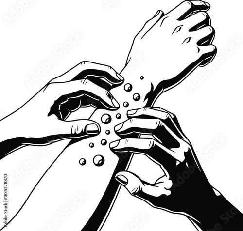 Black and White Vector Icon of Hands Scratching Irritated Arm Representing Skin Conditions and Dermatology
