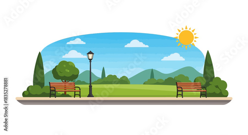 Serene illustration of a vibrant park scenery with benches and lush greenery for recreation