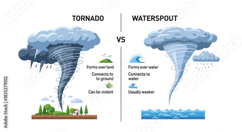 Tornado versus waterspout illustration depicting formation differences and characteristics in