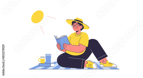 Serene Outdoor Reading: A Stylized Illustration of Relaxation and Leisure Time