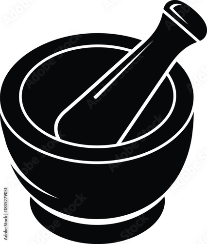 Mortar and Pestle Grinding Spice Icon Vector – Traditional Pharmacy, Herbology, and Medicine Symbol for Mixing Ingredients, Compounding, Preparation, and Homeopathy.