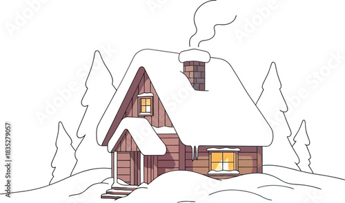 Cozy winter cabin nestled among snow covered trees with smoke from chimney