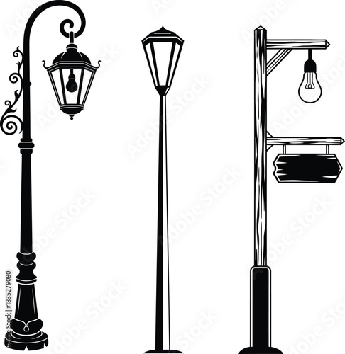 Set of Black Vintage Street Light and Lamppost Silhouette Icons – Classic, Ornate Streetlamp, Modern Pole, and Old Wooden Post with Hanging Sign for Urban, Park, and Outdoor Lighting.