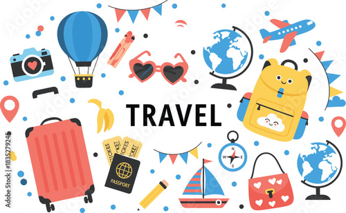 Vibrant Travel and Vacation Vector Collection Featuring Hot Air Balloon, Airplane, Suitcase, Backpack, Passport, and Globe, Ideal for Tourism, Adventure, and Holiday Graphics