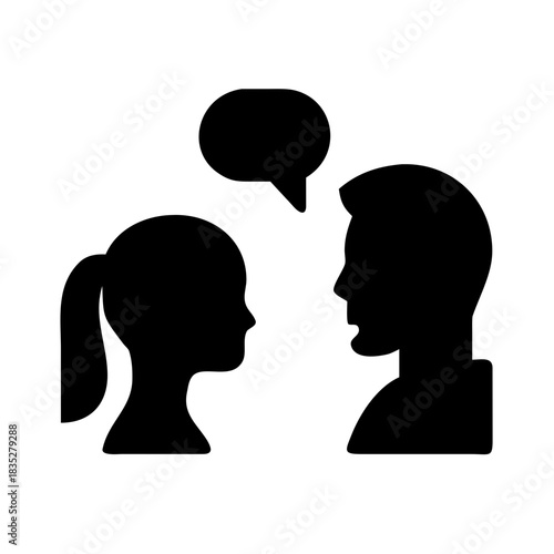 Communication icon with two persons silhouettes and speech bubble