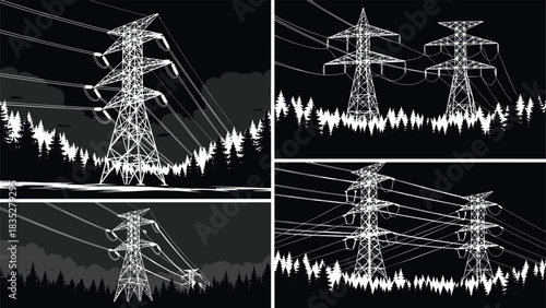 High Voltage Power Line Transmission Towers Silhouette in Dark Forest Landscape, Electricity Infrastructure and Nature Contrast Night Scene