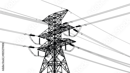 High Voltage Power Transmission Tower Electrical Grid Silhouette Energy Supply Infrastructure Electricity Distribution Network Black and White Vector Illustration