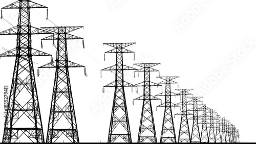 High Voltage Power Lines Diminishing Perspective Tapering into the Horizon, Industrial Electric Power Transmission Towers and Pylons against a White Background, Energy Infrastructure.