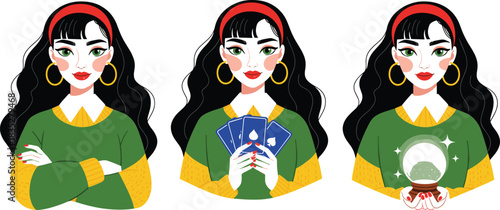 Mystical Fortune Teller Vector Character Set with Tarot Cards, Crystal Ball, and Confident Poses, Ideal for Astrology, Esoteric Themes, Magic, and Spiritual Guidance Graphics