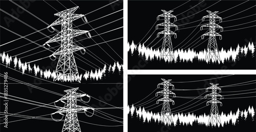 High-voltage electrical power lines and transmission towers silhouetted against a dark night sky over a spooky forest, electricity infrastructure landscape.
