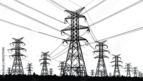 High Voltage Power Transmission Towers Silhouetted Against White Sky, Carrying Electricity Over Forest Landscape, Essential Infrastructure, Electrical Energy Supply