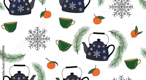Cozy Winter Seamless Pattern Vector Background with Snowflakes, Teapots, Green Teacups, Tangerine Slices, and Pine Branches, Perfect for Christmas Decor, Textiles, and Holiday Packaging
