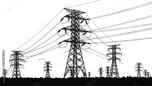 High-voltage power transmission line towers silhouette against clear sky, electricity grid infrastructure, energy distribution network vector illustration.