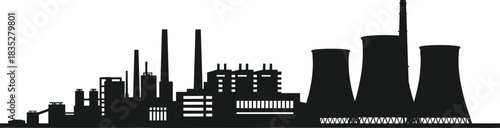 Industrial Power Plant and Factory Complex Silhouette Vector, Heavy Manufacturing Industry, Energy Production, Air Pollution, and Global Warming Concept.