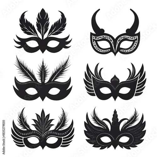 Collection of six ornate black masquerade ball masks featuring various feather and horn designs, perfect for carnival or costume events, isolated on white background