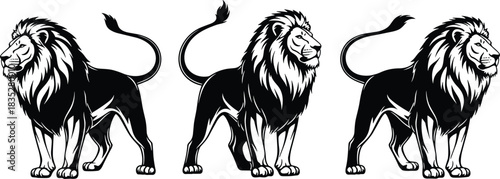 Mighty Roaring Lion Mascot Emblem Stance Black and White Vector Graphic Illustration Design for Strength Power and Leadership Logo, Majestic King