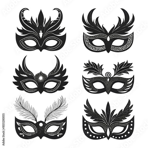 Collection of six ornate black masquerade carnival ball masks featuring elaborate feather and leaf designs, perfect for costume parties and festive events
