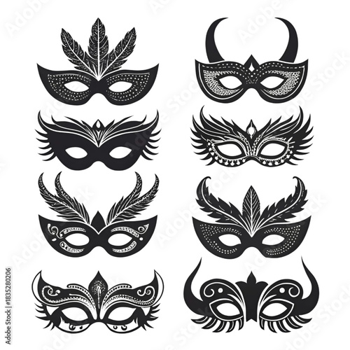 Collection of eight black and white stylized masquerade carnival venetian mardi gras party face masks featuring feather and ornate decorative elements, perfect for festive design