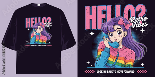 retro anime girl on phone graphic tee shirt design illustration hello retro vibes vector artwork t shirt design vector illustration artwork
