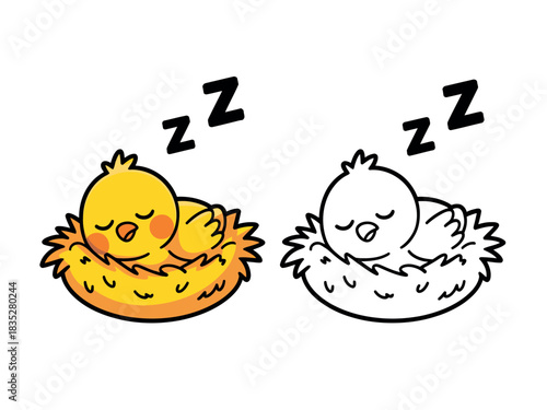 A cute yellow chick sleeps peacefully in a cozy nest, with 'zzz' floating above.