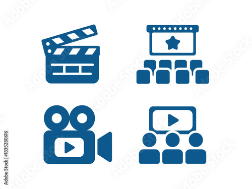 A collection of simple blue icons representing filmmaking and cinema.