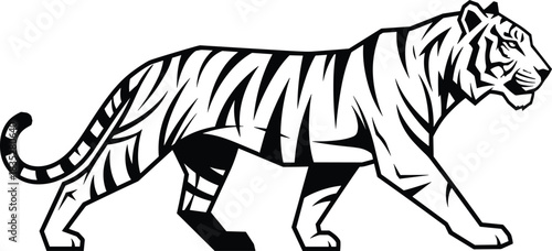 Powerful Tiger Stride Mascot Vector Illustration, Black and White Stylized Big Cat Roaring Emblem Logo, Wild Animal Predator in Profile Silhouette Design.