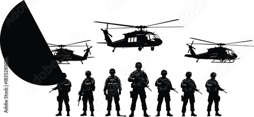 Military silhouettes: soldiers standing in formation with Black Hawk helicopters and large radar dish, defense, security, tactical team, armed forces, black and white vector