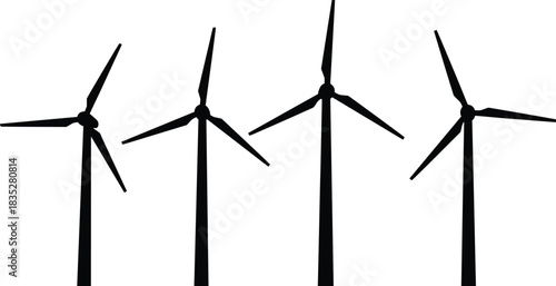 Renewable Energy Concept: Silhouette of Modern Wind Turbines Generating Clean Electricity Against a White Background, Sustainable Power Technology and Wind Farm Installation