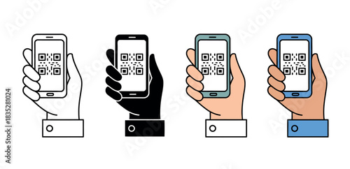 Hands hold smartphones displaying QR codes for digital transactions.