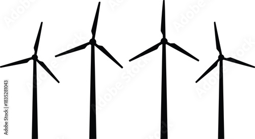 Sustainable wind power generation silhouettes, four modern three-bladed wind turbines standing tall against a white background, clean renewable energy landscape illustration, electricity source.