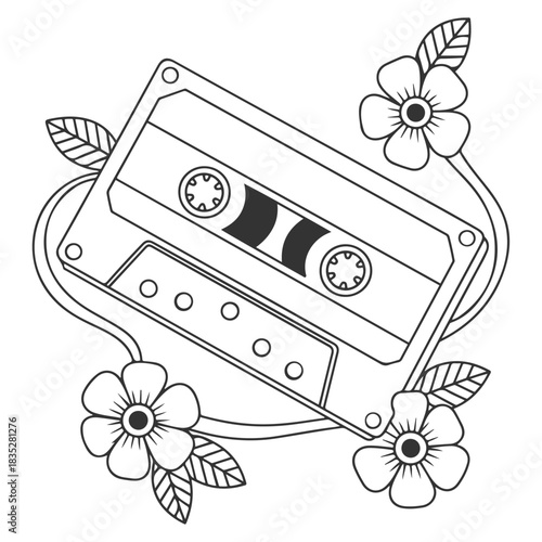 a cassette tape with flowers and a ribbon illustration 