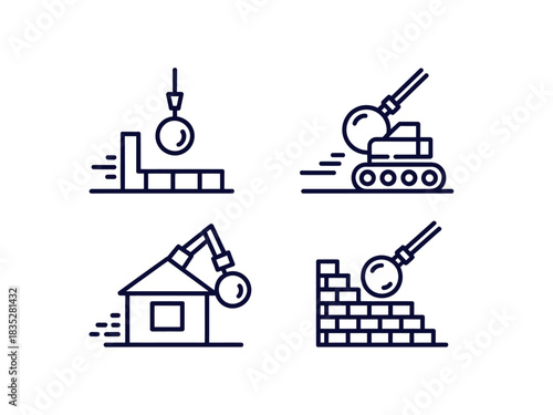 Illustrations of demolition equipment and structures being destroyed