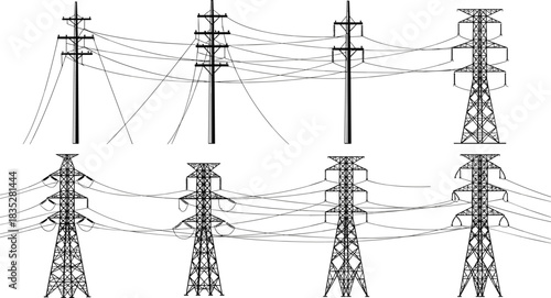 utility pole and high-voltage metal towers silhouette carrying current, electricity grid drawing, vector isolated line art.