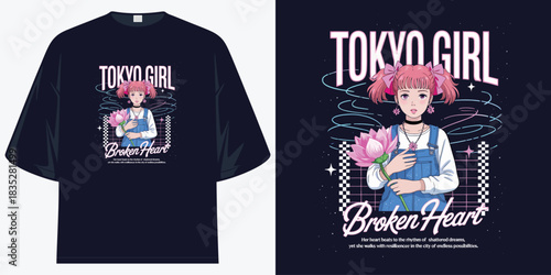 tokyo girl anime graphic tee shirt design retro 90s aesthetic with broken heart slogan t shirt design vector illustration artwork

