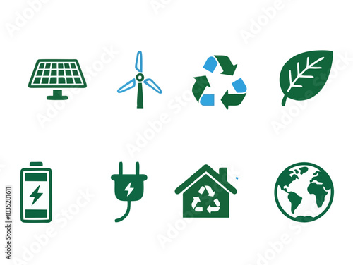 Green Energy and Sustainability Icon Collection: Solar, Wind, and Recycling Symbols