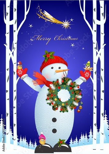 composition with a snowman and a Christmas wreath