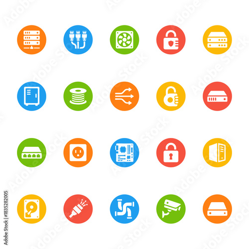 Server, Networking, and Data Security Icon Set. Rack Server, Cable, Fan, Padlock, Hard Drive, Network Flow, Circuit Board, CCTV.