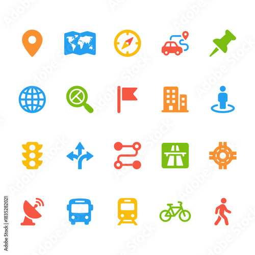 Global Navigation, Direction, and Travel Map Flat Color Icon Set. Pin, Map, Compass, GPS Car Route, Flag, Building, Traffic Light, Path.