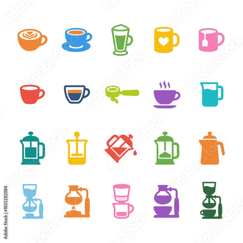 Coffee and Tea Drinks and Equipment Icon Set. Cups, Mug, Latte, Espresso, French Press, Filter, Chemex, Syphon, and Kettle for Cafe.