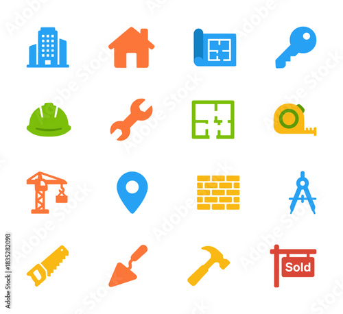 Construction and Real Estate Flat Color Icon Set. Building, Home, Blueprint, Key, Helmet, Crane, Tools, Brick Wall, and Sold Sign for Industry.