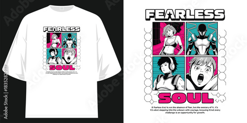 fearless soul four panel anime comic style graphic tee shirt illustration cyberpunk pop art vector artwork t shirt design vector illustration artwork
