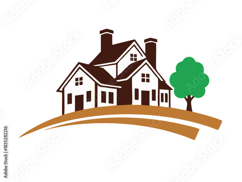 Professional Real Estate Logo: Suburban Residential House with Green Tree and Landscape