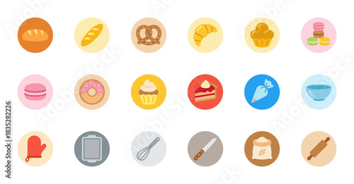Bakery and Pastry Food Flat Color Icon Set. Bread, Baguette, Pretzel, Croissant, Muffin, Macaron, Donut, Cake, Icing Bag, Bowl, and Tools.
