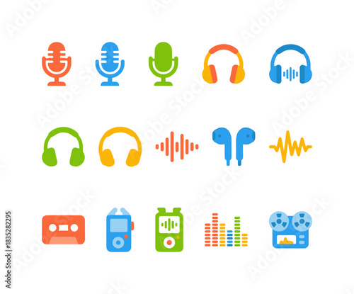 Audio and Sound Recording Flat Color Icon Set. Microphone, Headphone, Waveform, Earbuds, Cassette Tape, Recorder, and Equalizer.