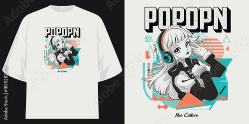 popopn n neo culture anime girl graphic tee shirt design illustration retro streetwear vaporwave vector artwork t shirt design vector illustration artwork
